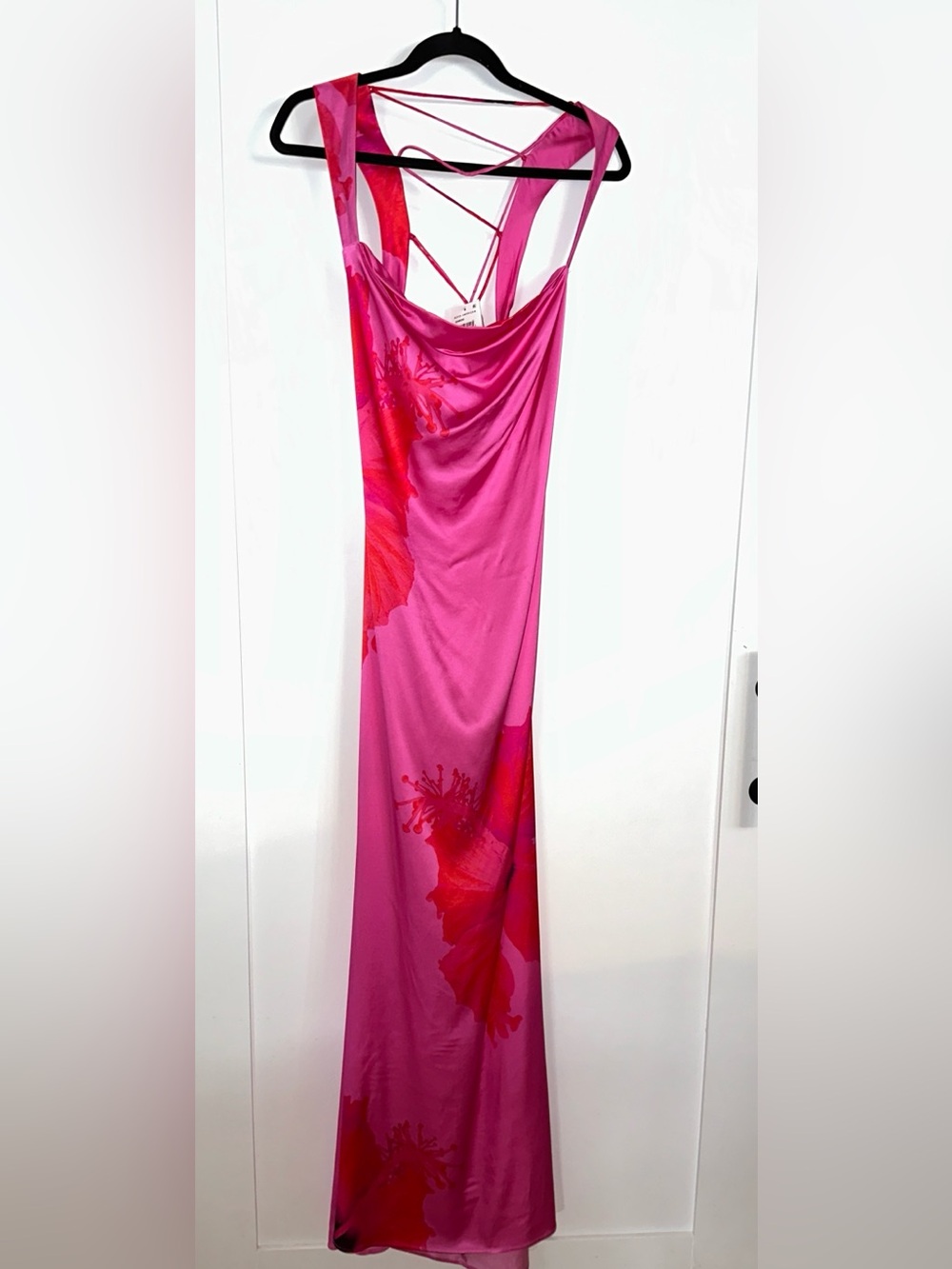NWT Good American Satin Lace-Up Maxi Dress Pink Hibiscus Floral Size Large